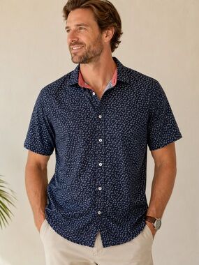 Rue Saint-Patrick 100% Cotton Navy Print Short Sleeve Button Up Shirt